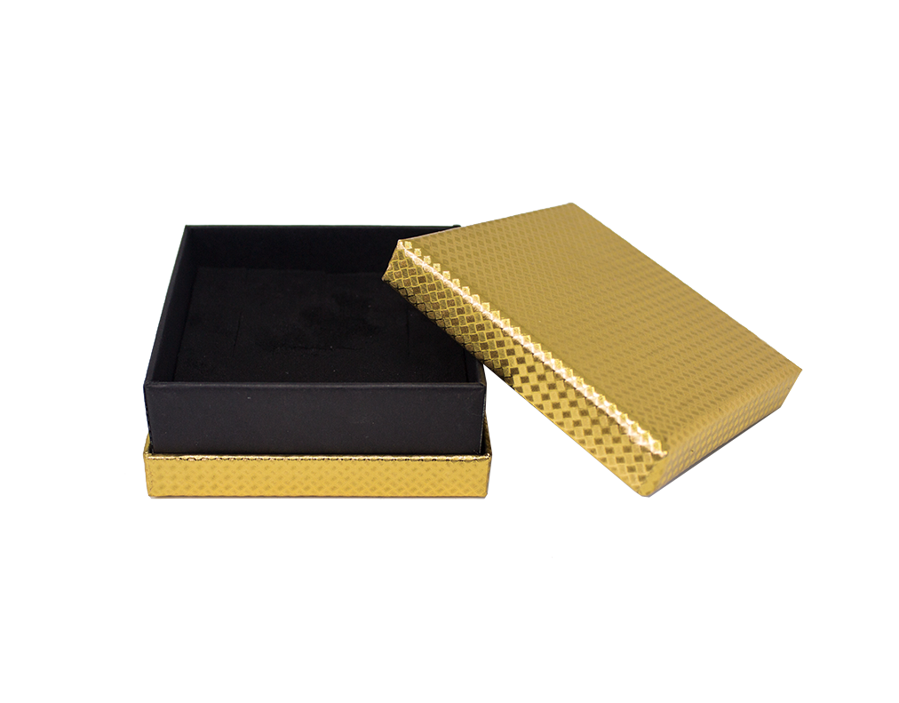 Подарочная коробка для ювелирных изделий "Стандарт", золотой, черный (ромбы) 85*85*35 мм