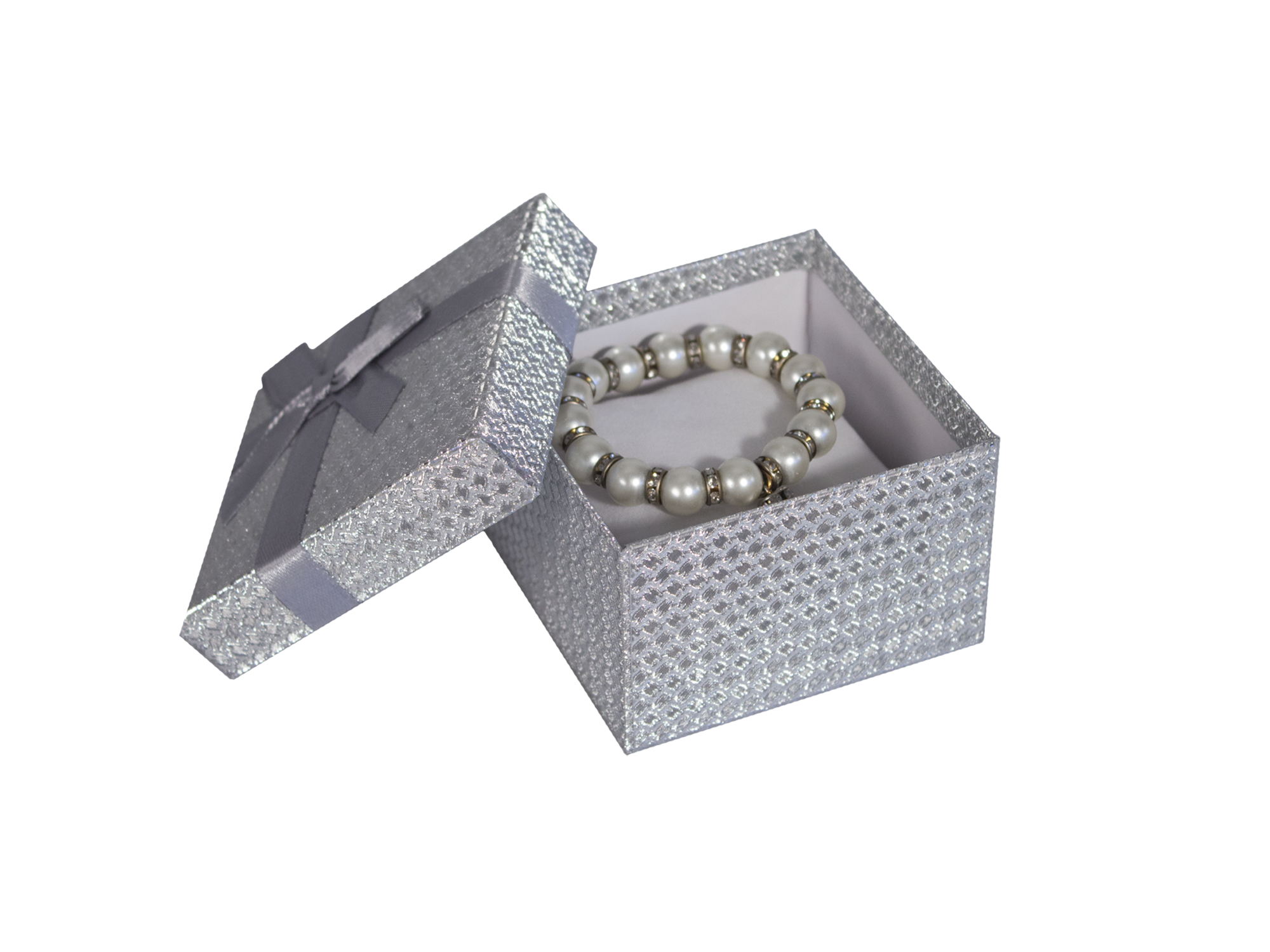 Коробка крышка-дно для ювелирных украшений с бантиком, серебро, 85*85*55 мм